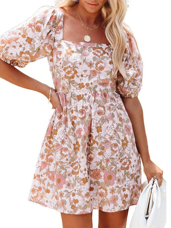 Square-Neck Floral Printed Backless Dress with Puff Sleeves and High Waist