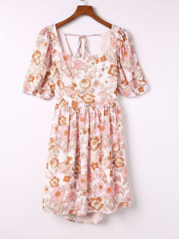 Square-Neck Floral Printed Backless Dress with Puff Sleeves and High Waist