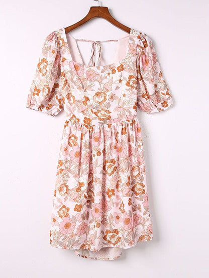 Square-Neck Floral Printed Backless Dress with Puff Sleeves and High Waist