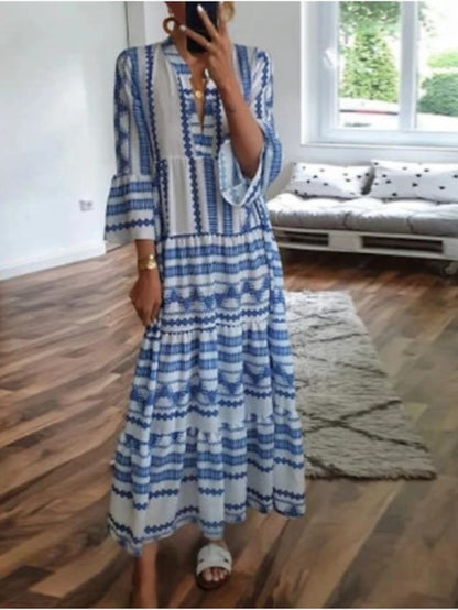 Women's Dress - Casual Dress Swing Dress Boho Dress Long Dress Maxi Dress Blue 3/4 Length Sleeve Geometric Patchwork Fall Autumn V Neck Loose Fit 2023 S M L XL XXL 3XL