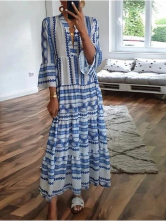 Women's Dress - Casual Dress Swing Dress Boho Dress Long Dress Maxi Dress Blue 3/4 Length Sleeve Geometric Patchwork Fall Autumn V Neck Loose Fit 2023 S M L XL XXL 3XL