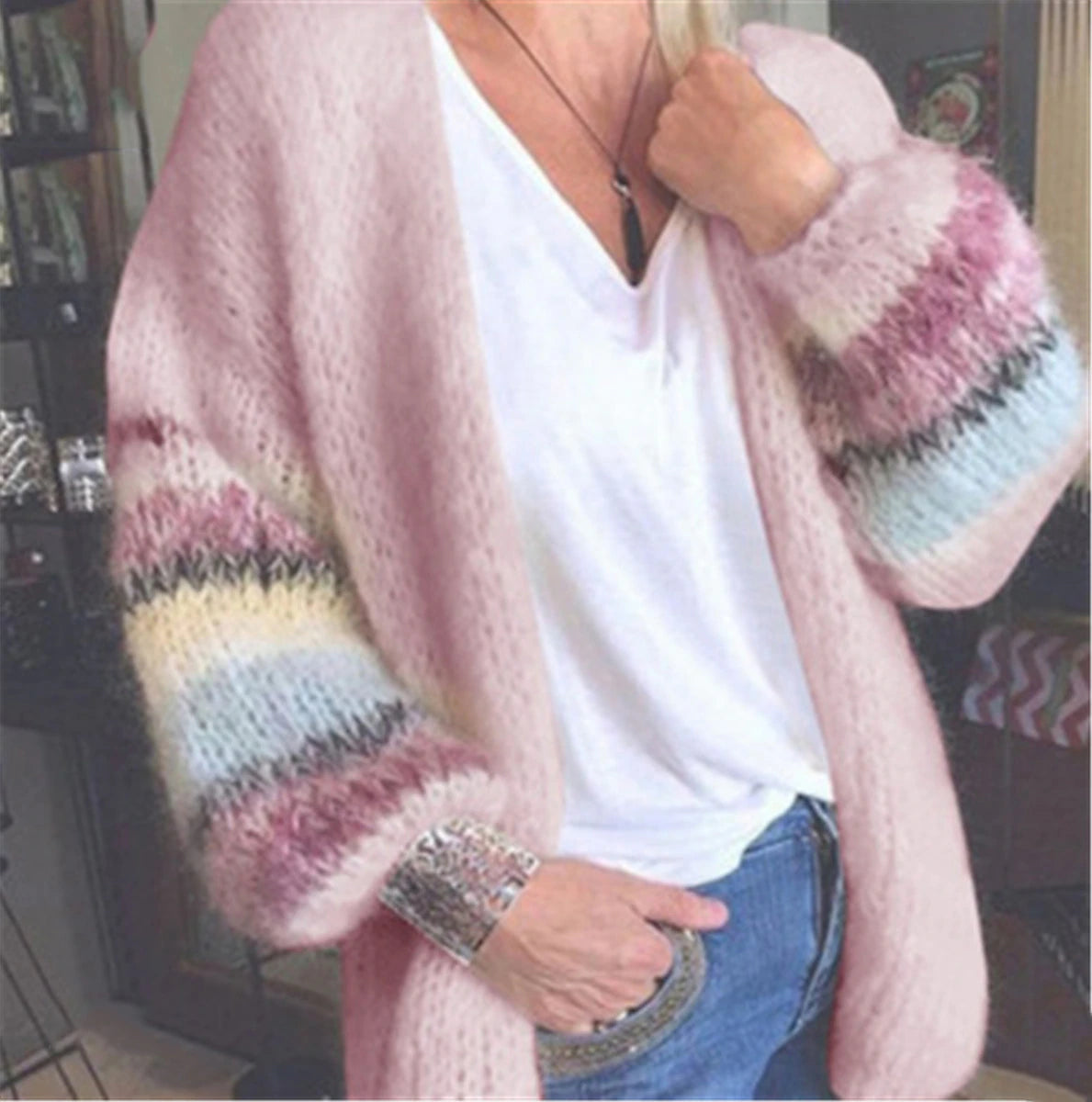 Women's Cardigan Sweater Open Front Ribbed Knit Acrylic Patchwork Fall Winter Long Daily Going out Weekend Stylish Casual Soft Long Sleeve Geometric Color Block Striped Yellow Light Green Pink S M L