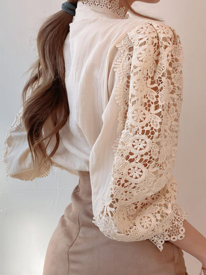 Stand Collar Hollow Lace Pearl Button Blouses