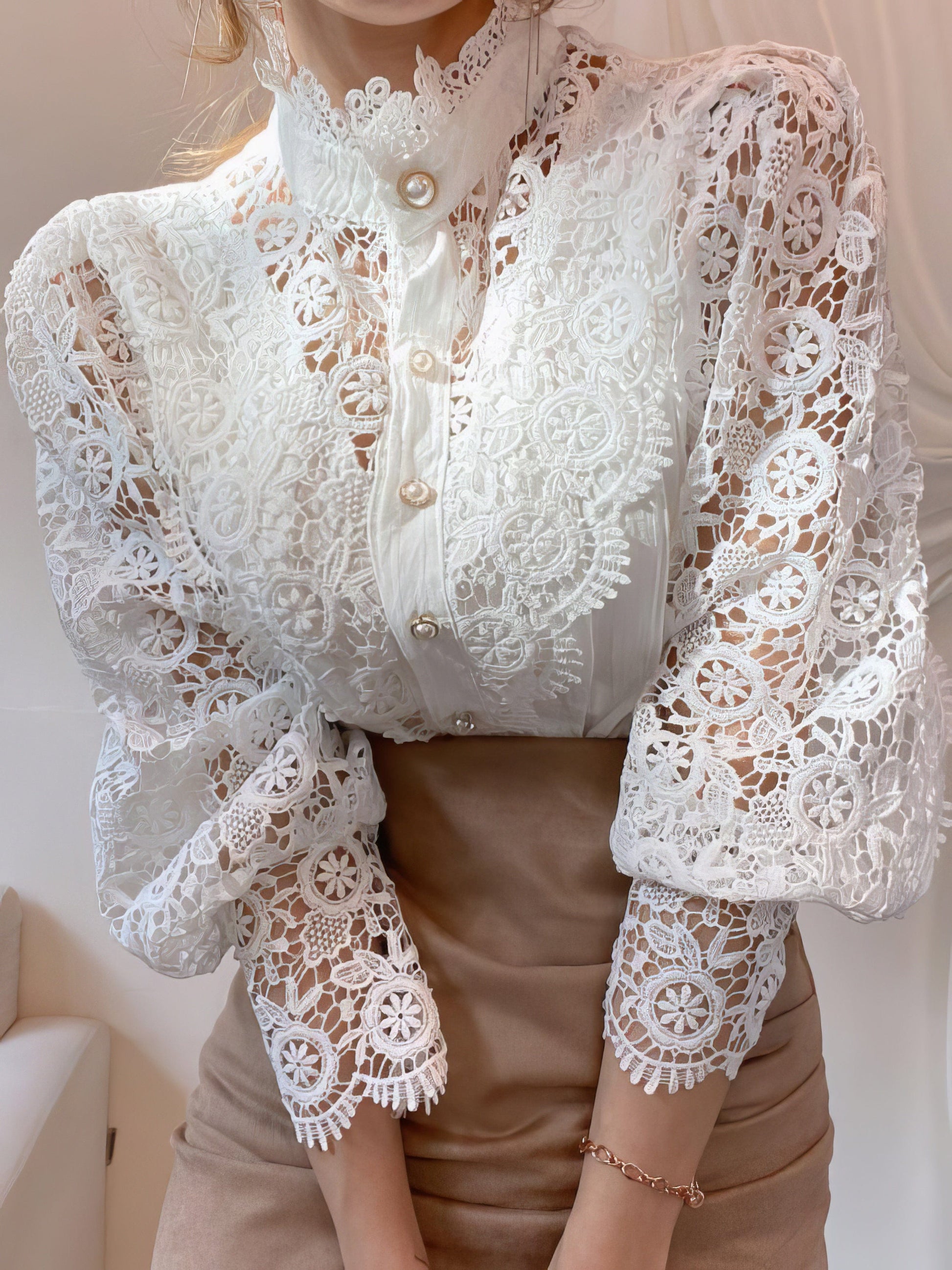 Stand Collar Hollow Lace Pearl Button Blouses