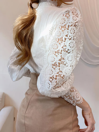 Stand Collar Hollow Lace Pearl Button Blouses
