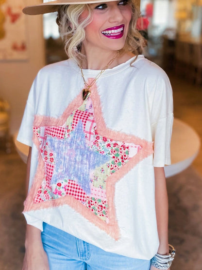 Starlight White Loose Fit Patchwork T-shirt