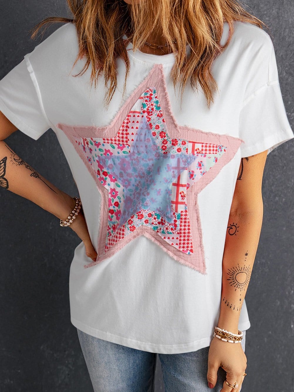 Starlight White Loose Fit Patchwork T-shirt