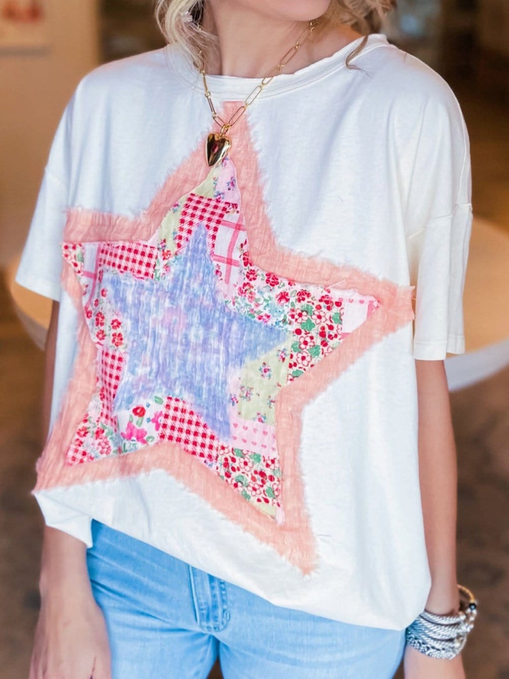 Starlight White Loose Fit Patchwork T-shirt