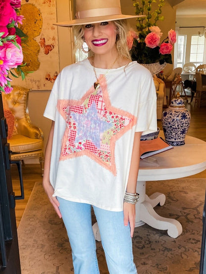 Starlight White Loose Fit Patchwork T-shirt