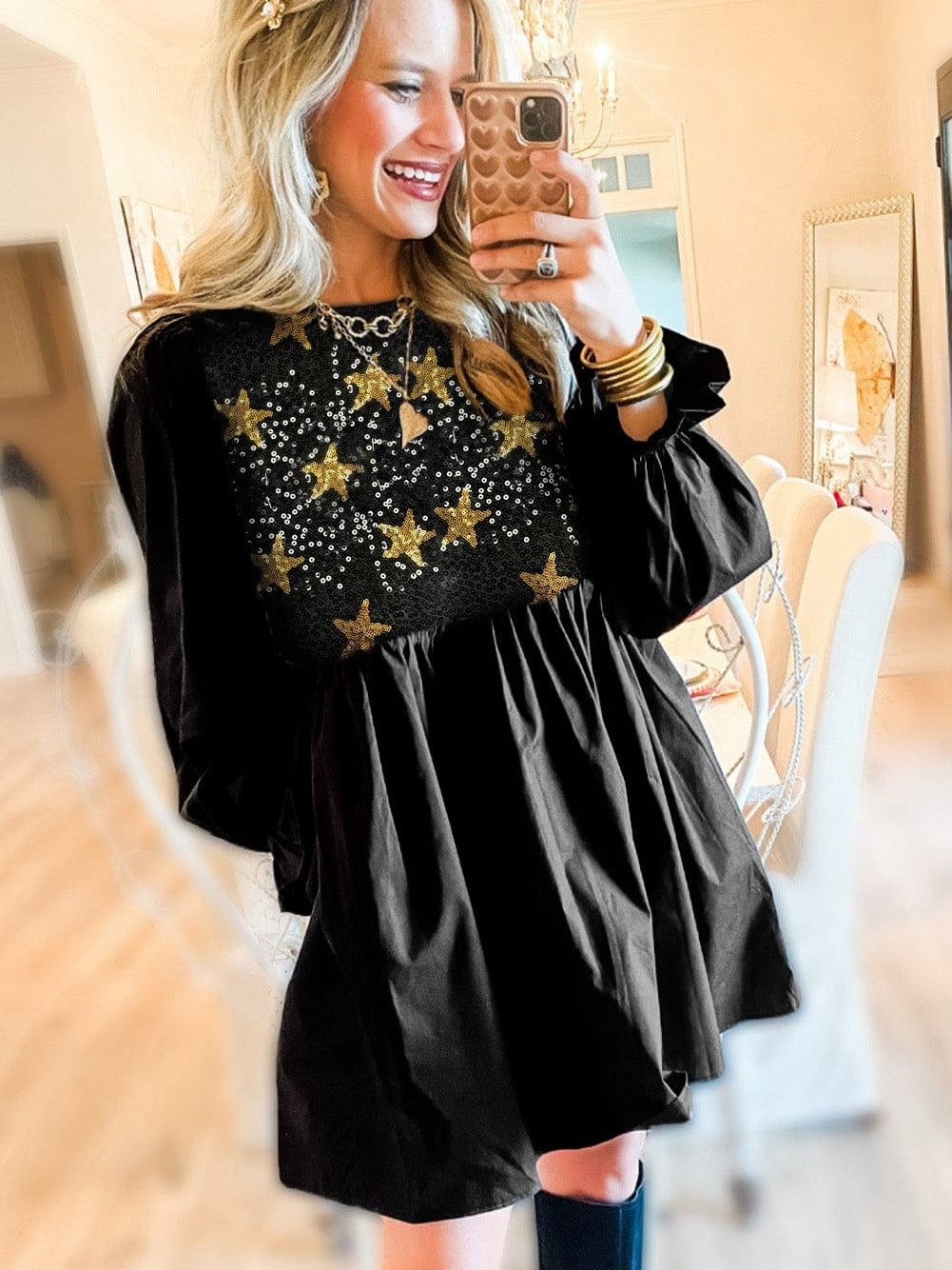 Starry Night Sequin Embellished Babydoll Dress with Flounce Sleeves