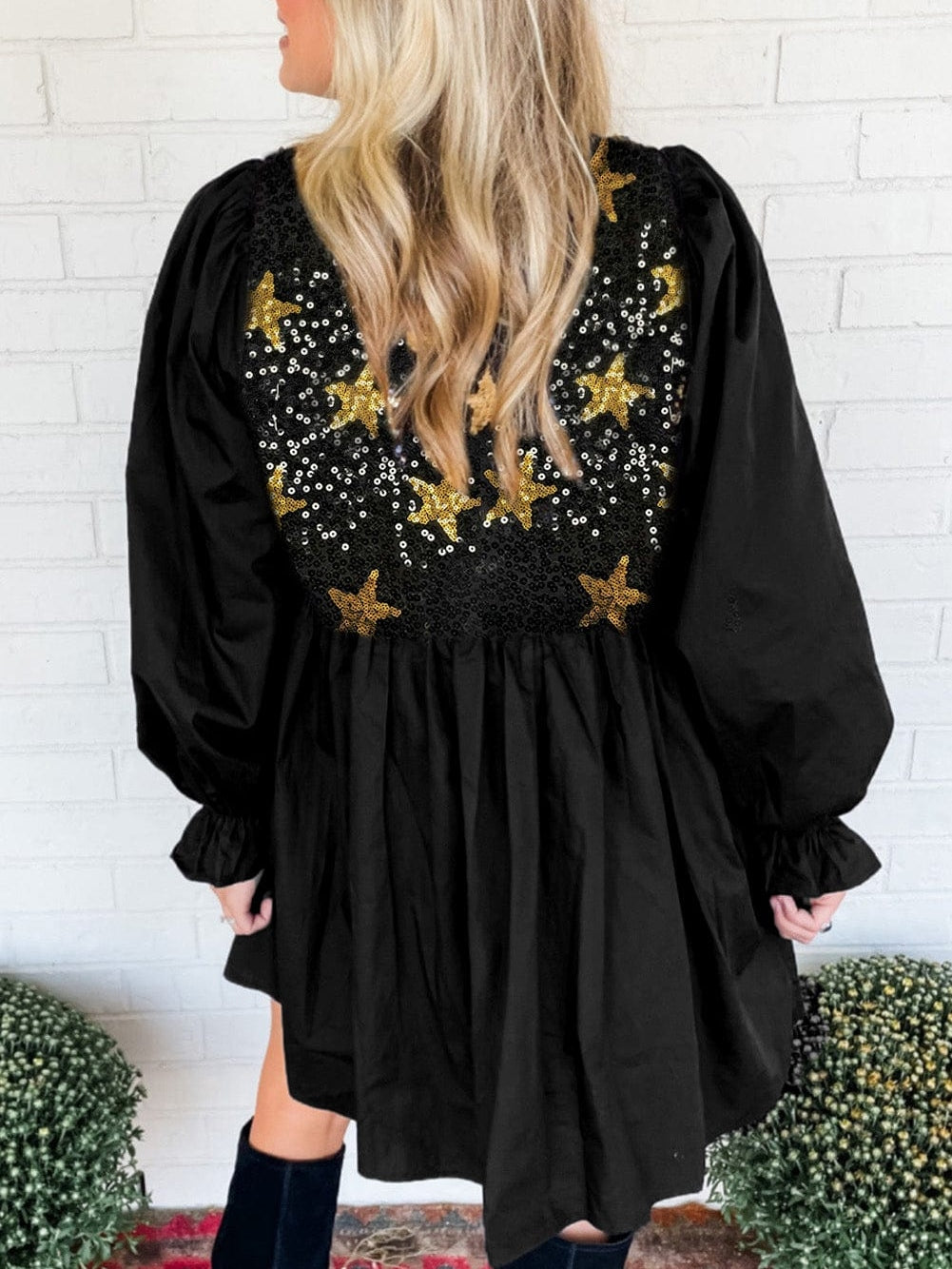 Starry Night Sequin Embellished Babydoll Dress with Flounce Sleeves