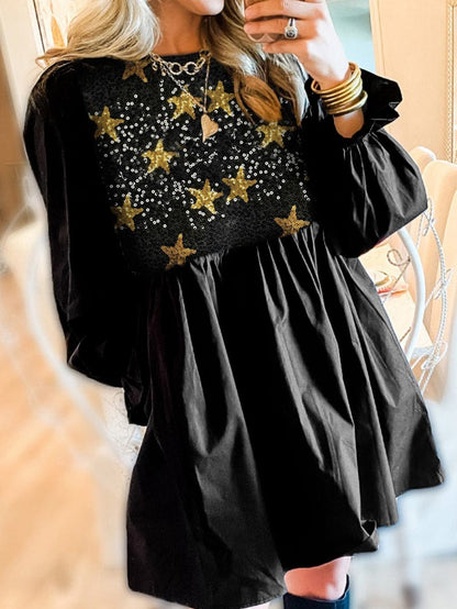 Starry Night Sequin Embellished Babydoll Dress with Flounce Sleeves