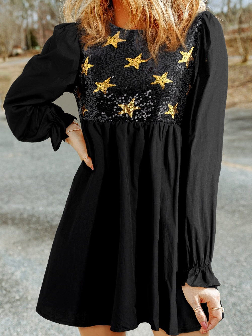 Starry Night Sequin Embellished Babydoll Dress with Flounce Sleeves