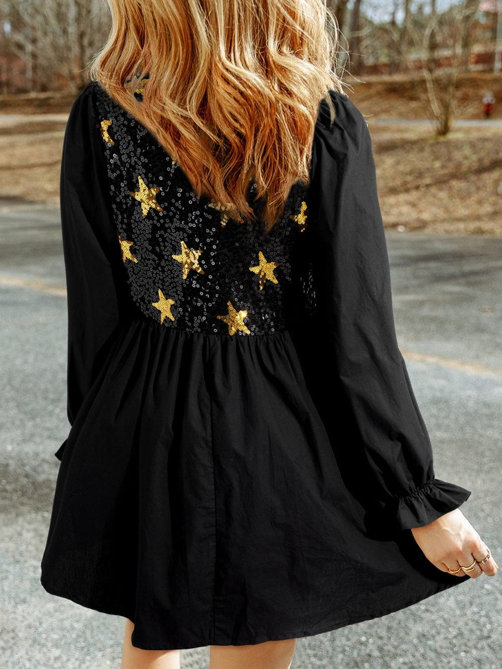 Starry Night Sequin Embellished Babydoll Dress with Flounce Sleeves