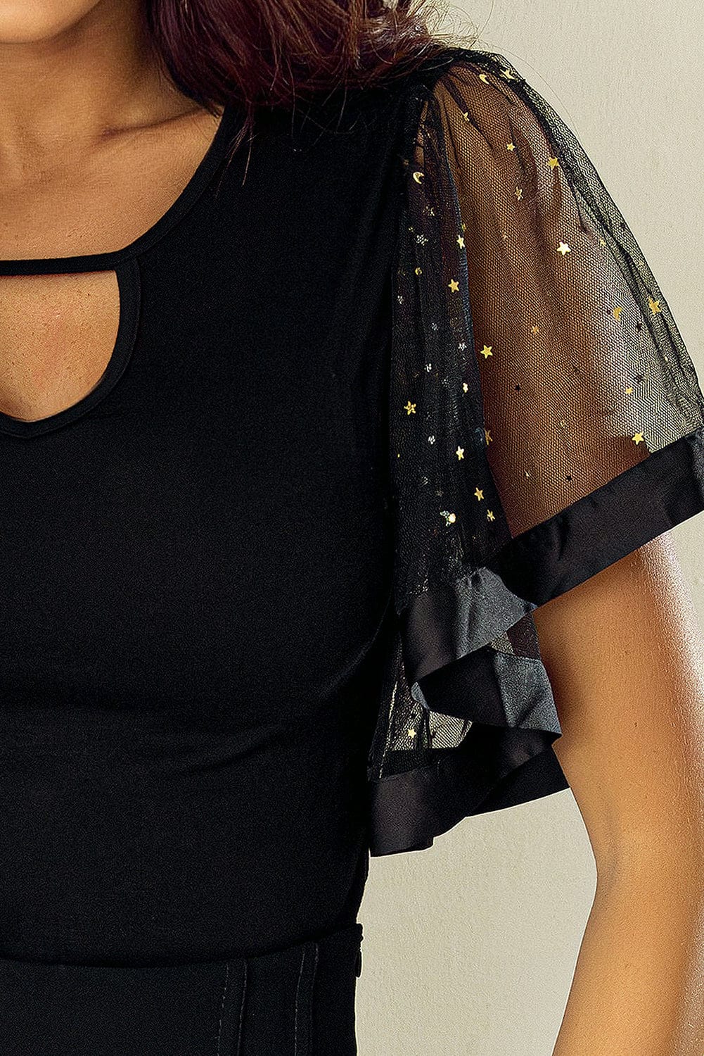 Starry Night Sheer Mesh Flutter Sleeve Elegant Blouse