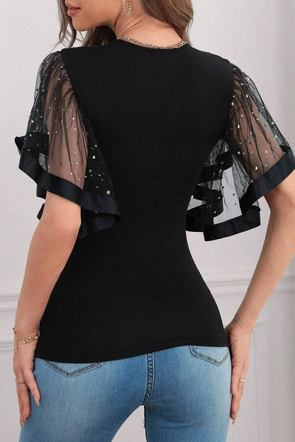Starry Night Sheer Mesh Flutter Sleeve Elegant Blouse