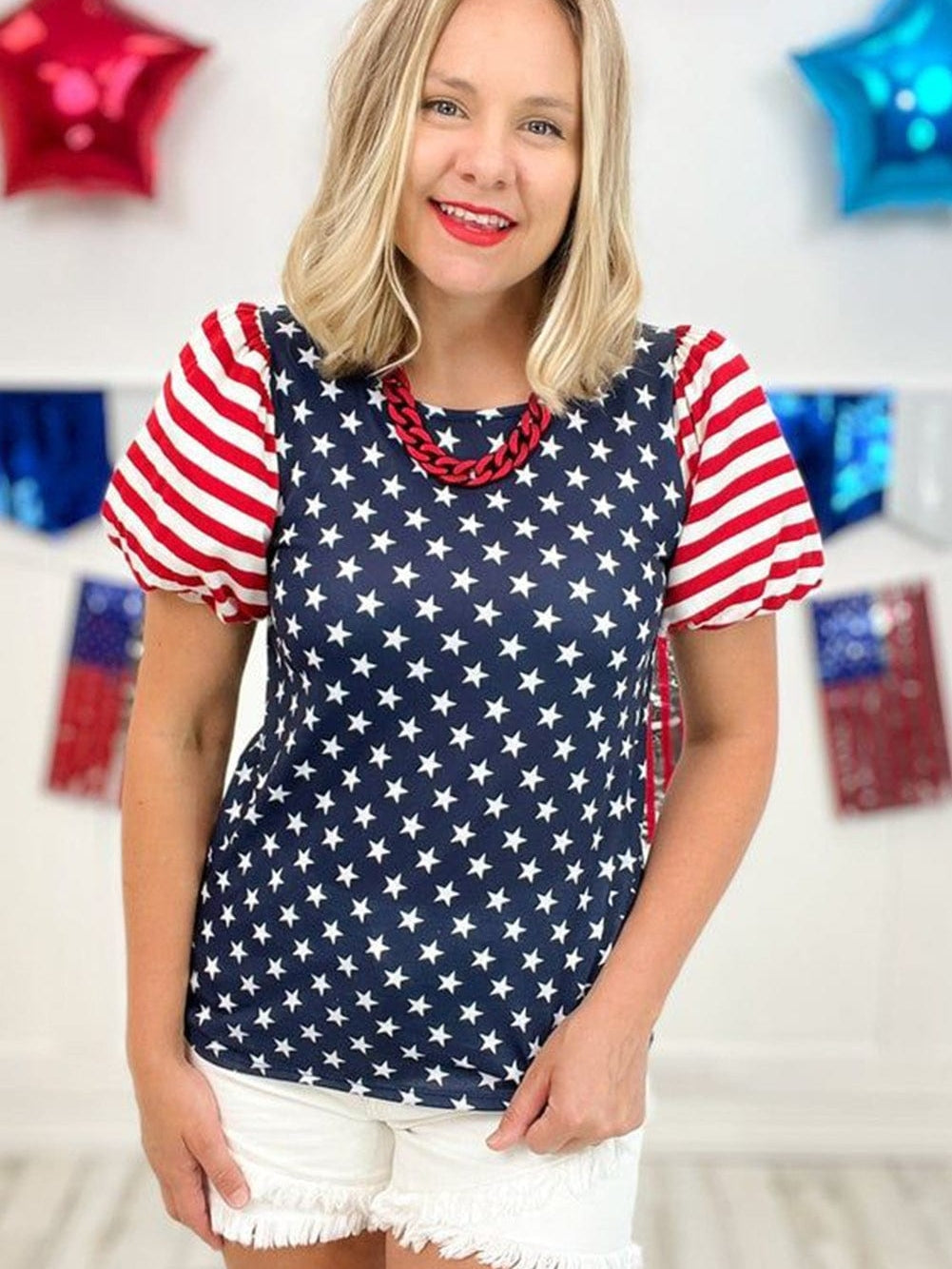 Starry Patriotism Navy Blue Puff Sleeve Tee