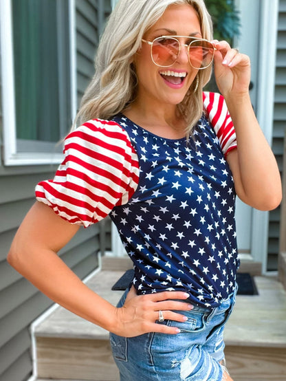 Starry Patriotism Navy Blue Puff Sleeve Tee
