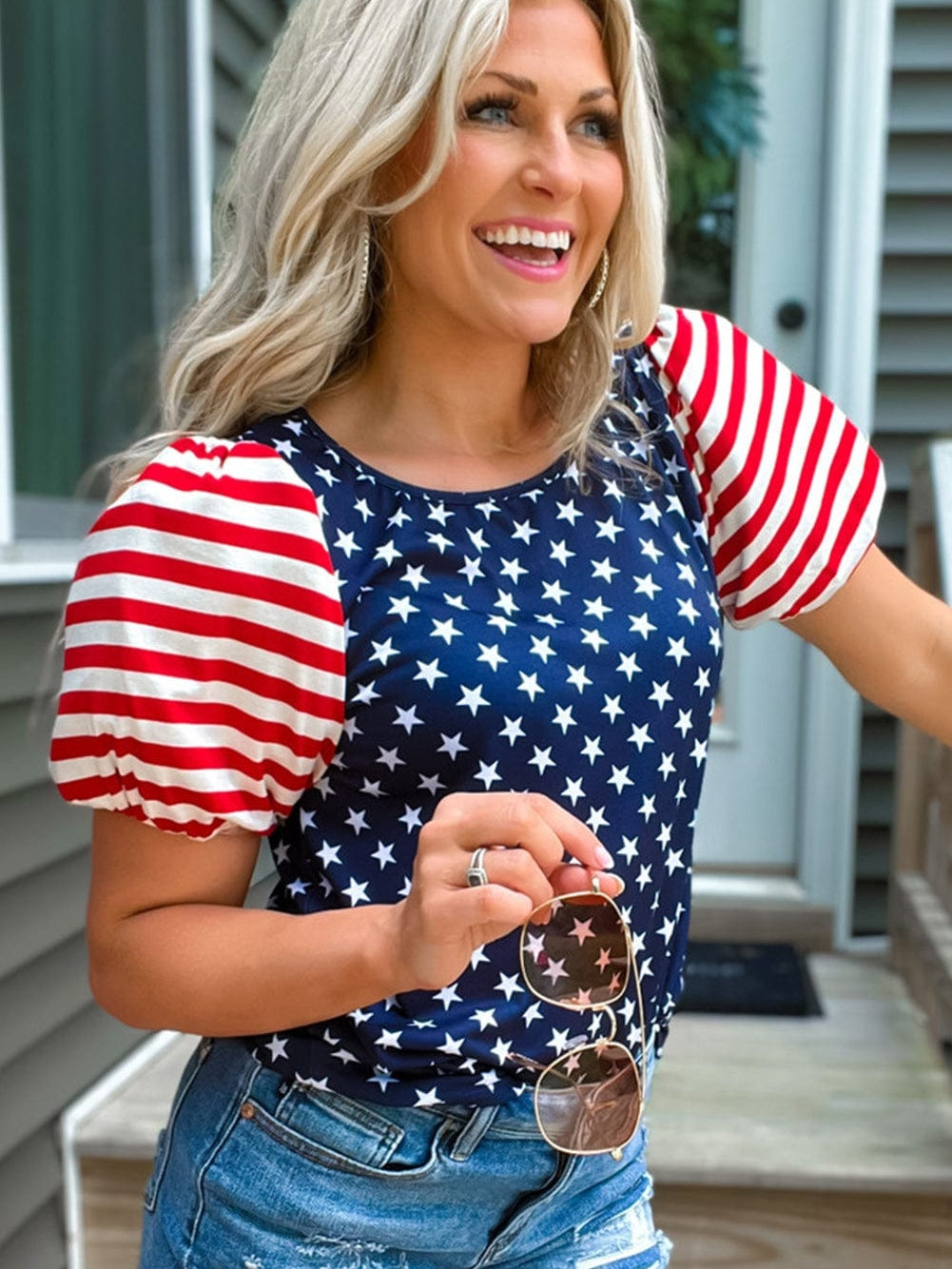 Starry Patriotism Navy Blue Puff Sleeve Tee