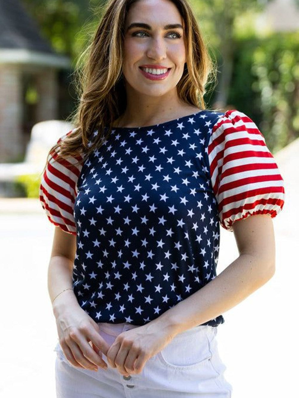 Starry Patriotism Navy Blue Puff Sleeve Tee