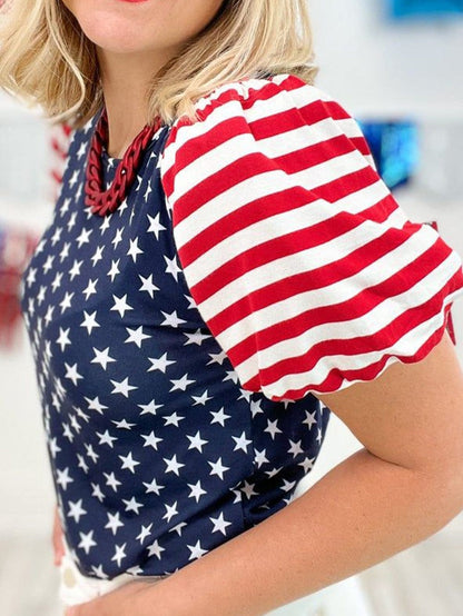 Starry Patriotism Navy Blue Puff Sleeve Tee