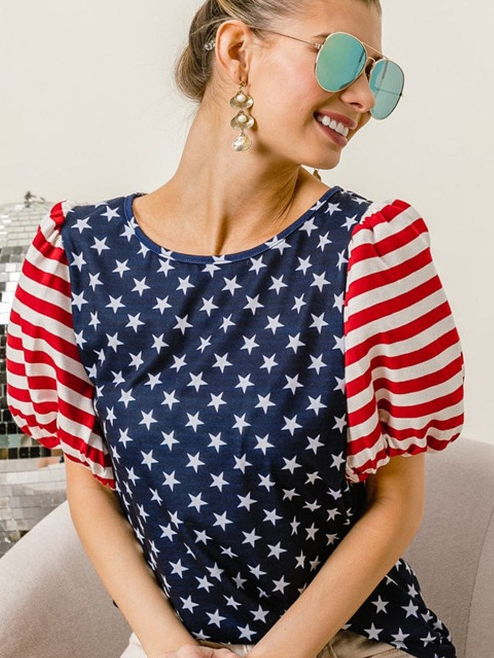 Starry Patriotism Navy Blue Puff Sleeve Tee