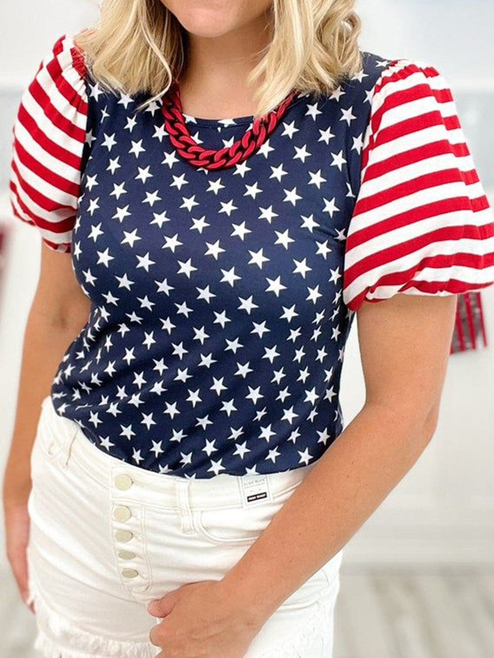Starry Patriotism Navy Blue Puff Sleeve Tee