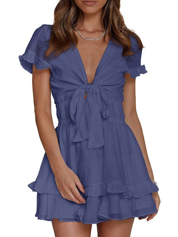 Strappy V-Neck A-Line Short-Sleeved Dress in Solid Colors for Women