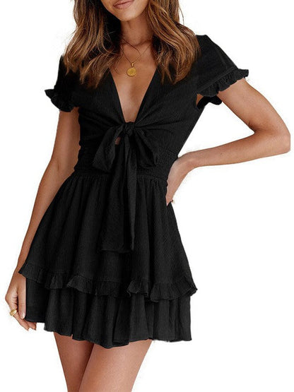 Strappy V-Neck A-Line Short-Sleeved Dress in Solid Colors for Women