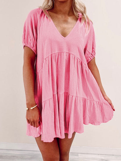 Strawberry Pink Babydoll V-Neck Mini Dress
