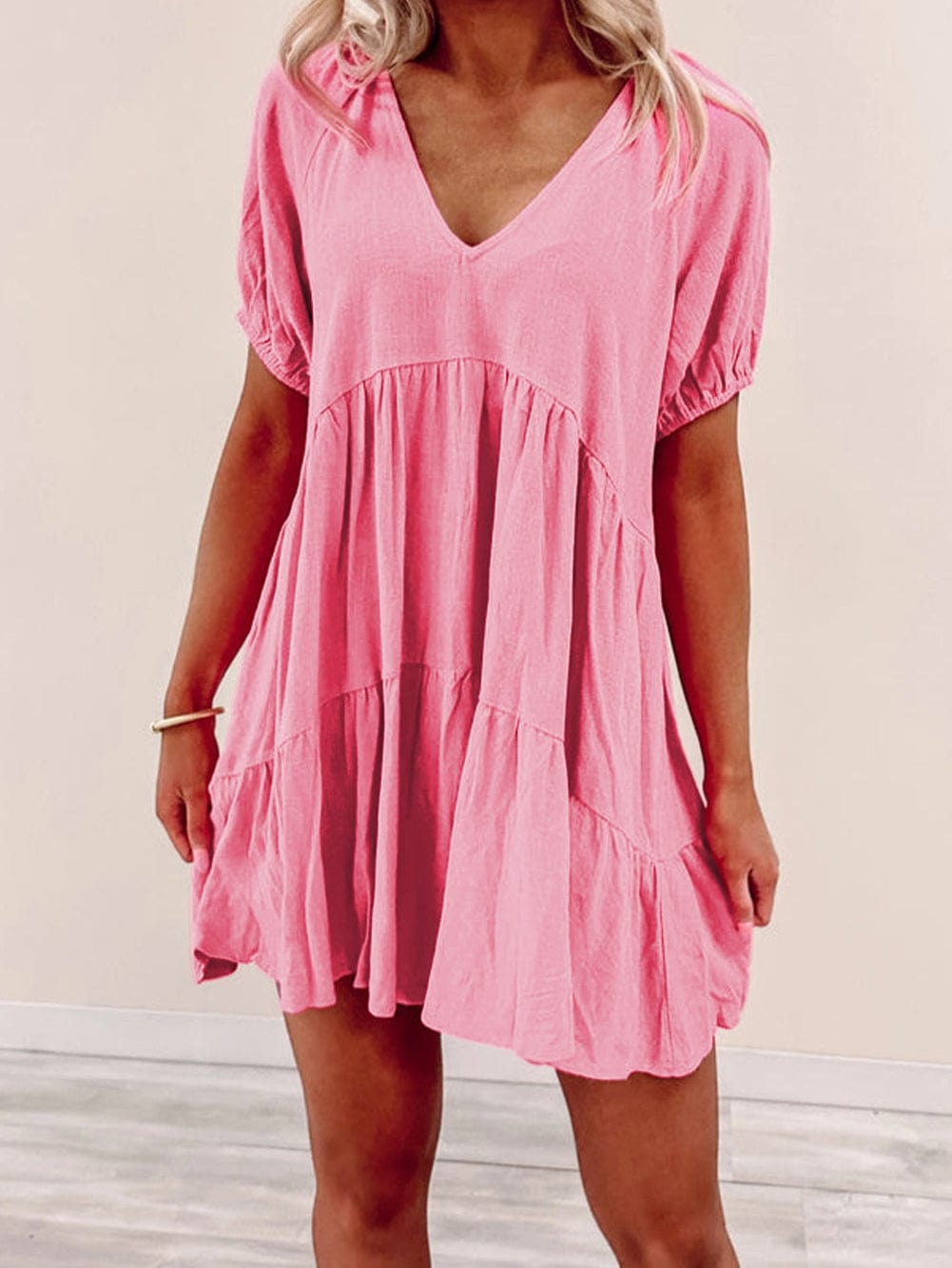 Strawberry Pink Babydoll V-Neck Mini Dress