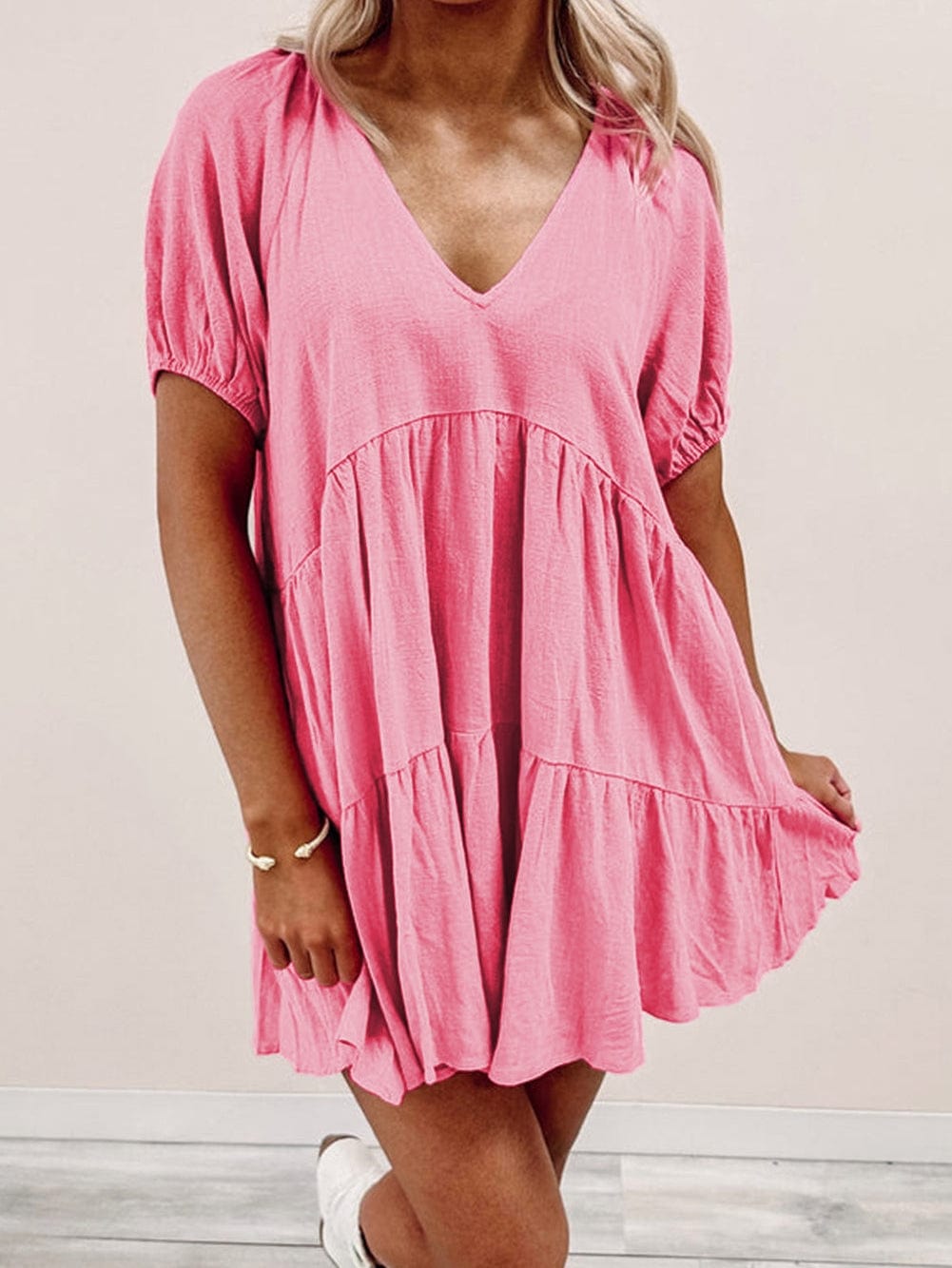 Strawberry Pink Babydoll V-Neck Mini Dress