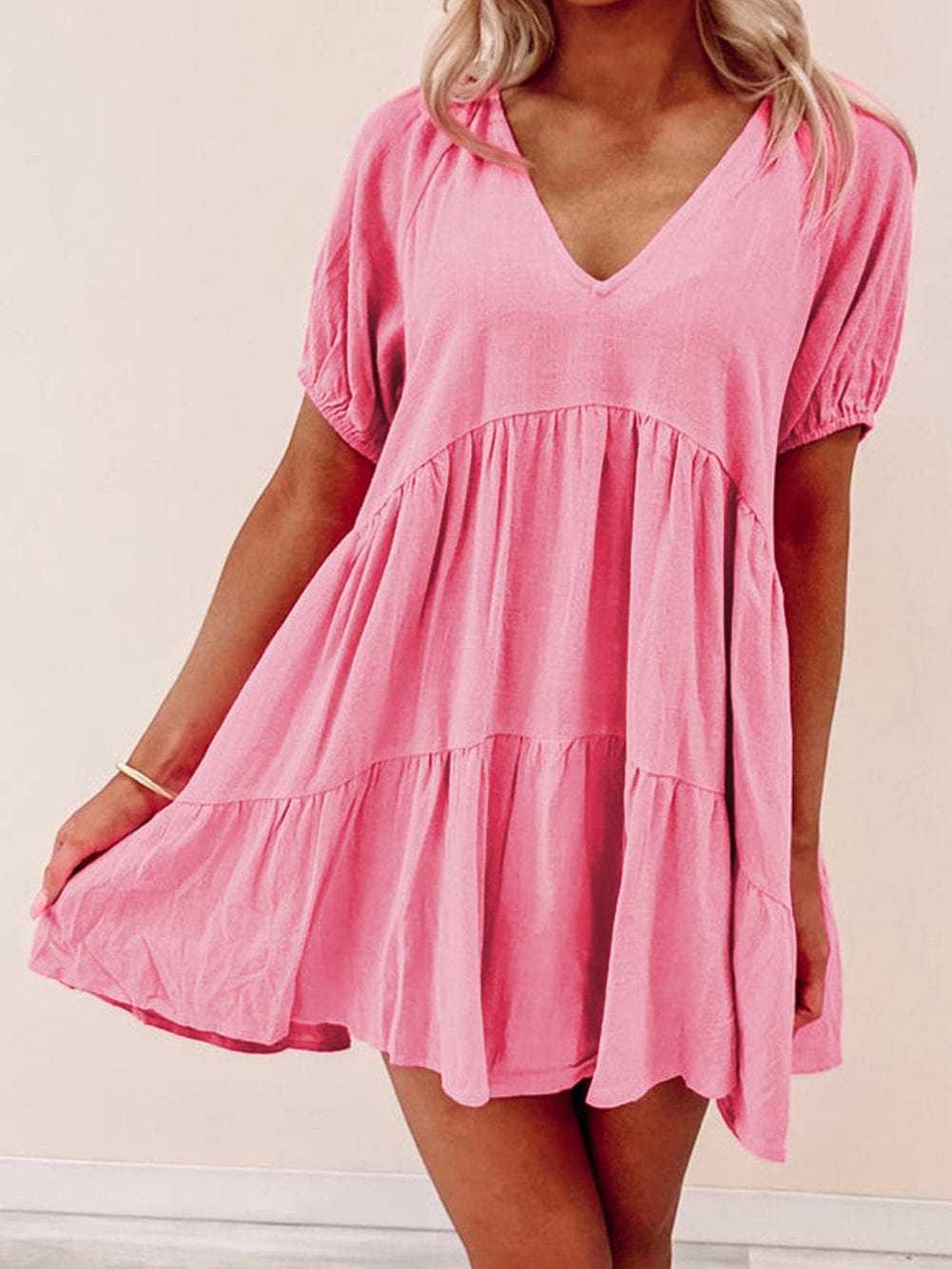 Strawberry Pink Babydoll V-Neck Mini Dress