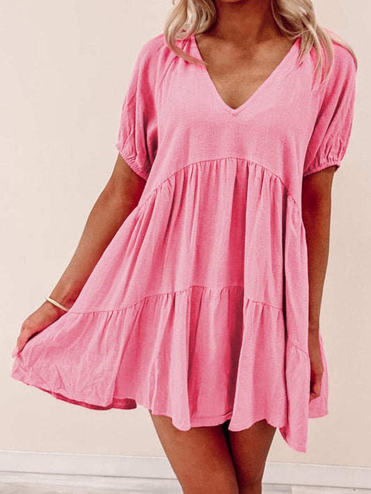 Strawberry Pink Babydoll V-Neck Mini Dress