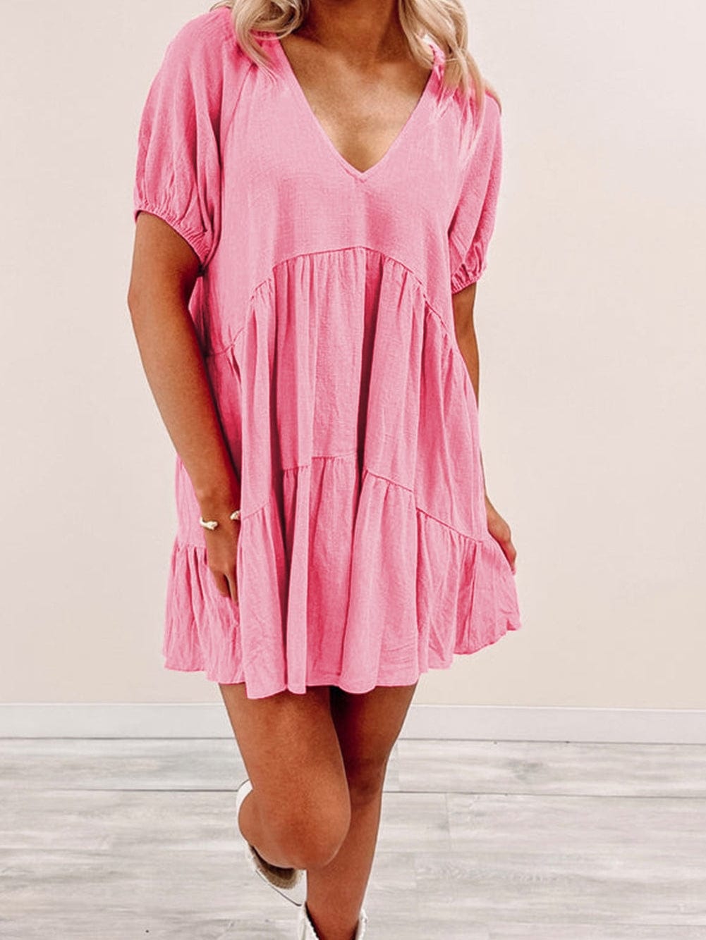 Strawberry Pink Babydoll V-Neck Mini Dress