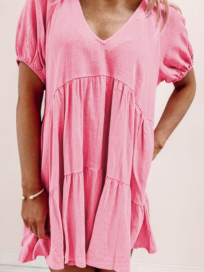 Strawberry Pink Babydoll V-Neck Mini Dress