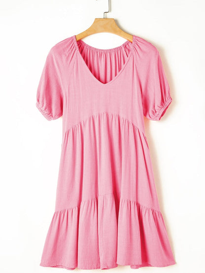 Strawberry Pink Babydoll V-Neck Mini Dress