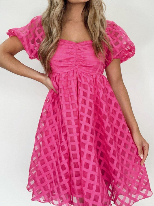 Strawberry Pink Checkered Babydoll Dress with Puff Sleeves