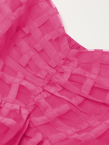 Strawberry Pink Checkered Babydoll Dress with Puff Sleeves