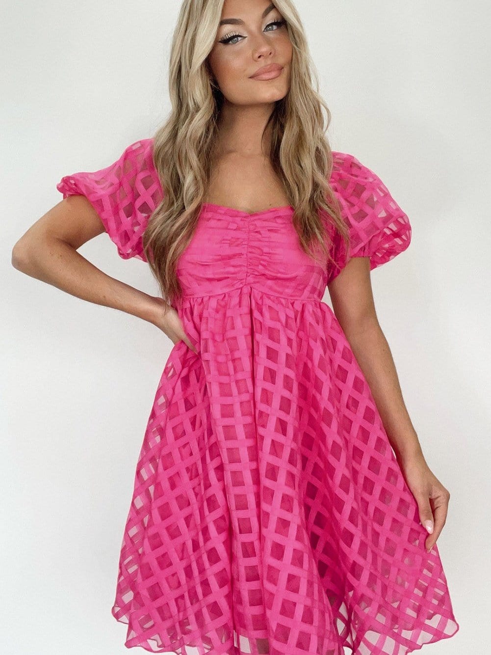 Strawberry Pink Checkered Babydoll Dress with Puff Sleeves