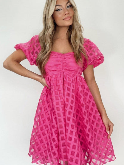Strawberry Pink Checkered Babydoll Dress with Puff Sleeves