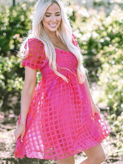 Strawberry Pink Checkered Babydoll Dress with Puff Sleeves