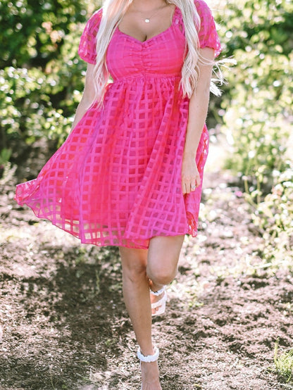 Strawberry Pink Checkered Babydoll Dress with Puff Sleeves