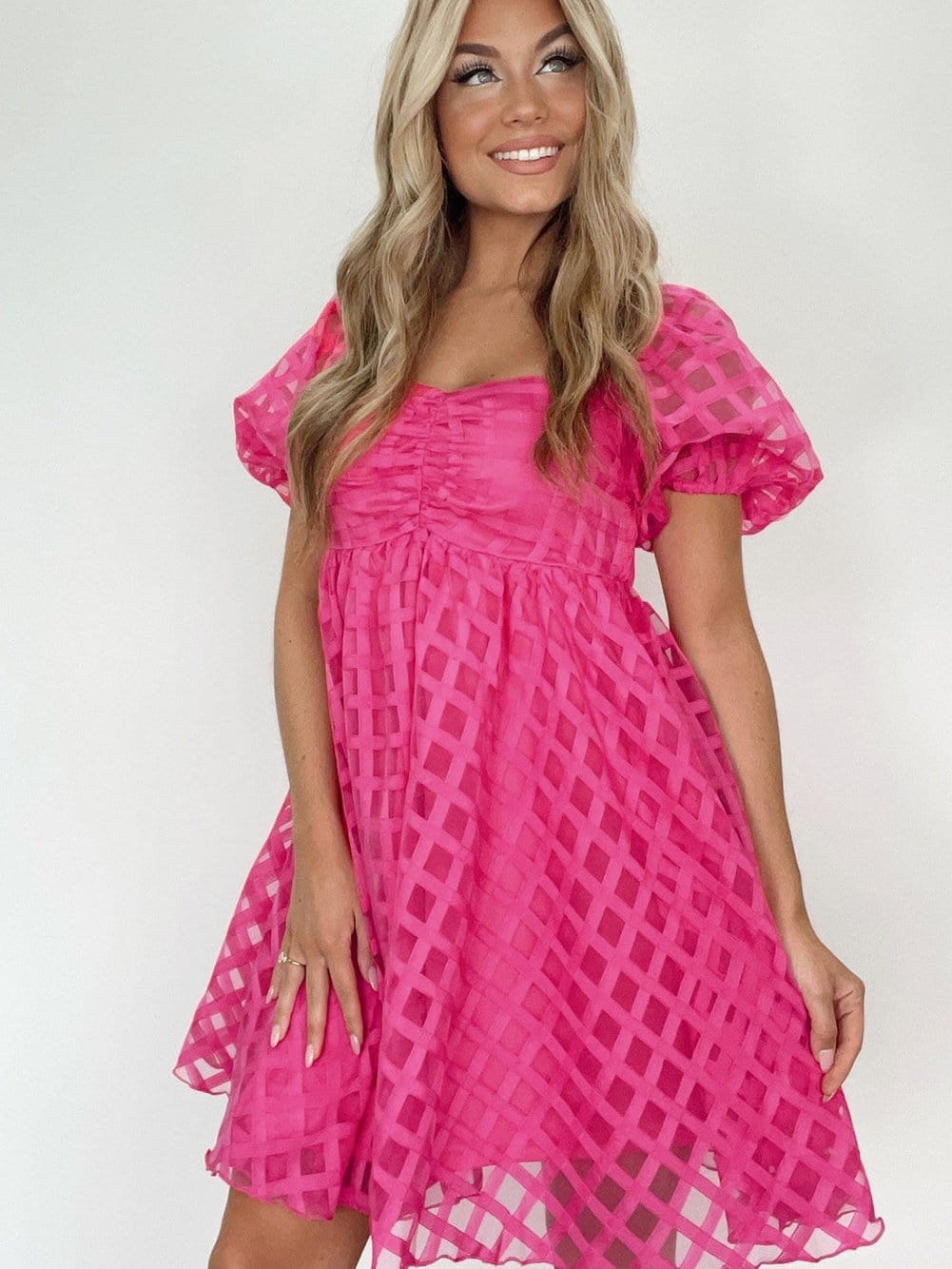 Strawberry Pink Checkered Babydoll Dress with Puff Sleeves
