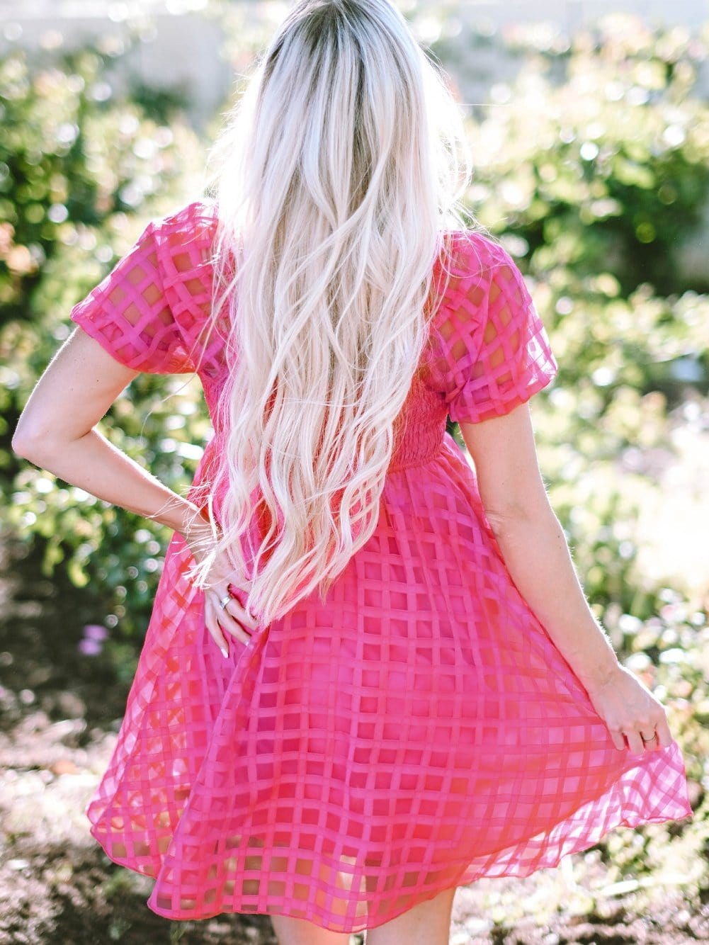Strawberry Pink Checkered Babydoll Dress with Puff Sleeves