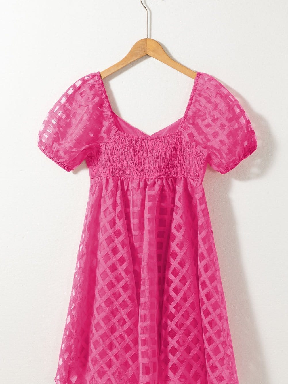 Strawberry Pink Checkered Babydoll Dress with Puff Sleeves