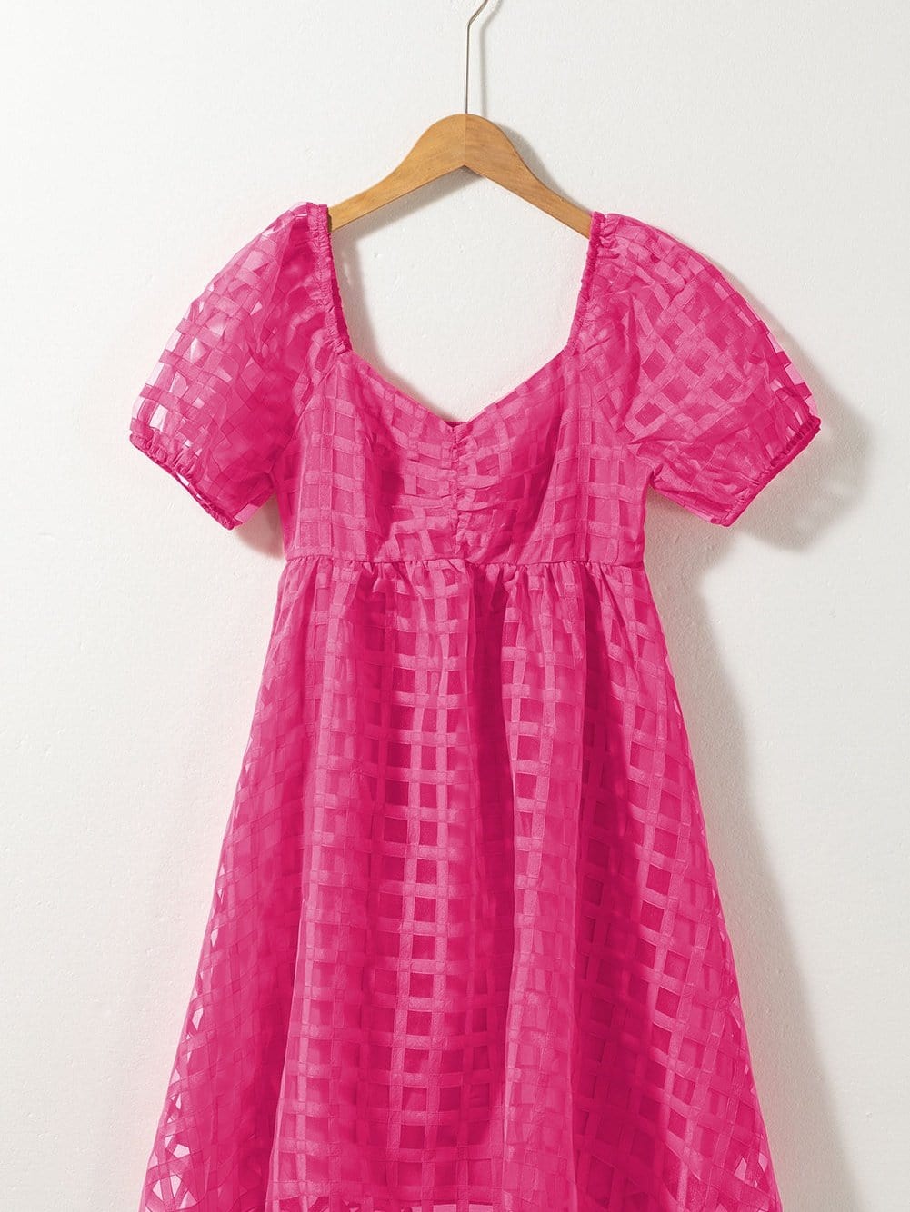 Strawberry Pink Checkered Babydoll Dress with Puff Sleeves