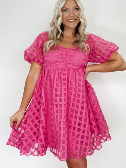 Strawberry Pink Checkered Babydoll Dress with Puff Sleeves