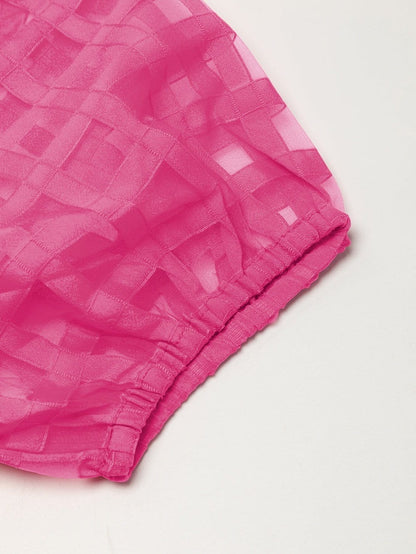 Strawberry Pink Checkered Babydoll Dress with Puff Sleeves