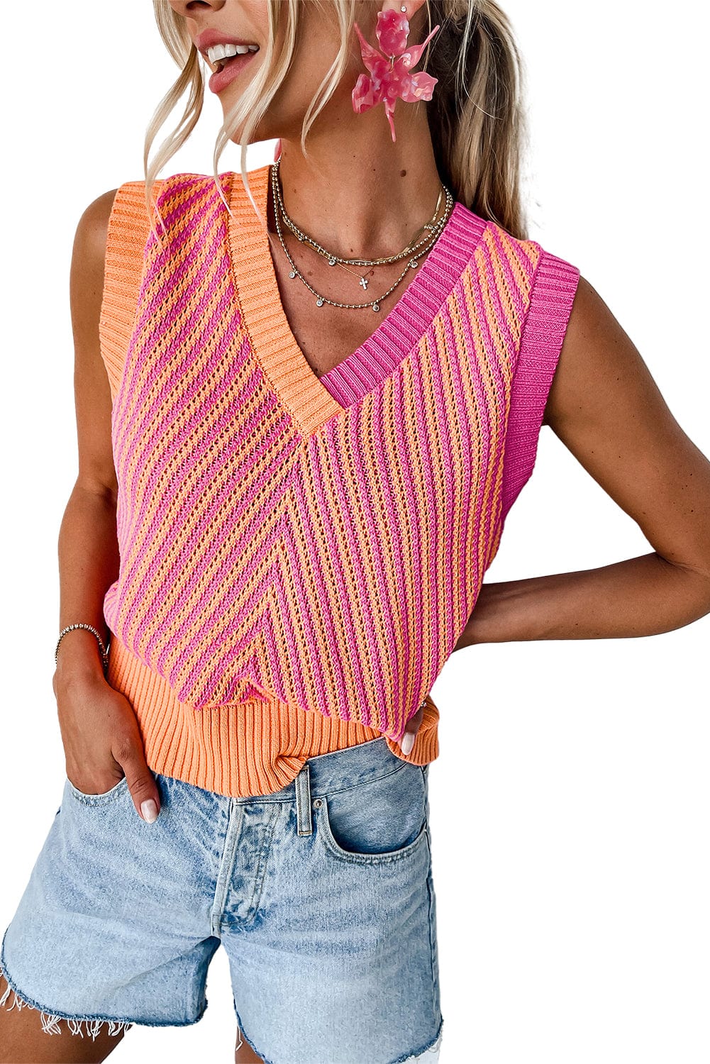 Strawberry Pink Chevron Knit Sleeveless V Neck Sweater Vest